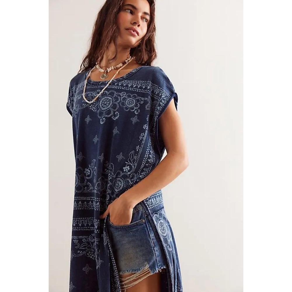 We The Free Indie Maxi Tee Blue Bandana Print Cotton Dress Medium